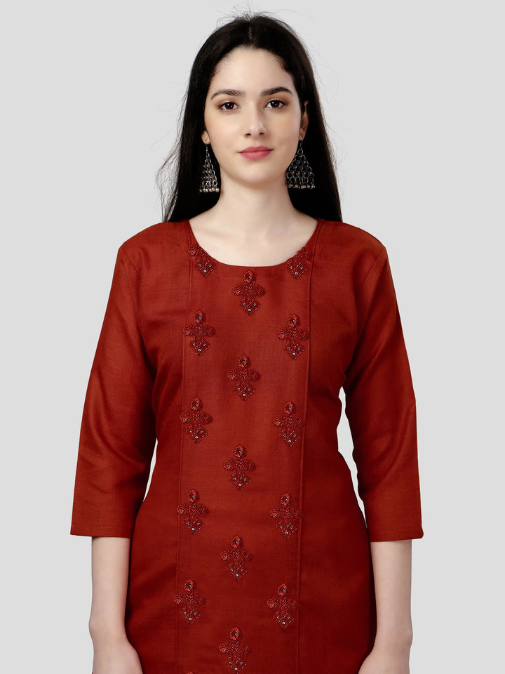 Red Cotton Magic Slub Straight Kurti | Designer Embroidery Work