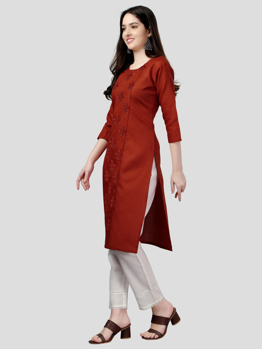 Red Cotton Magic Slub Straight Kurti | Designer Embroidery Work