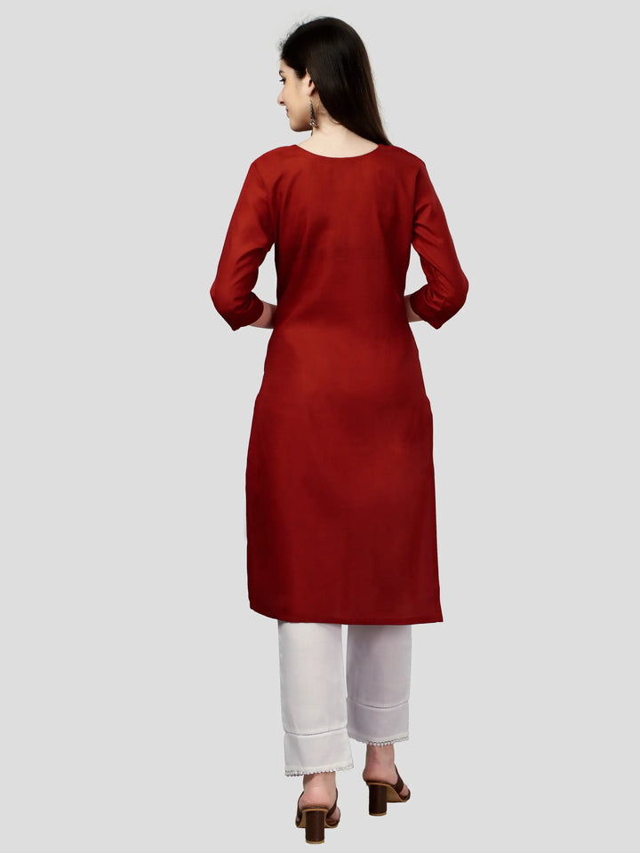 Red Cotton Magic Slub Straight Kurti | Designer Embroidery Work