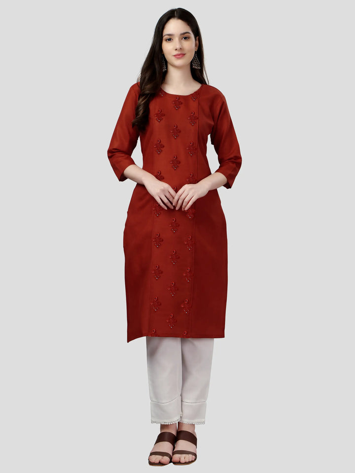 Red Cotton Magic Slub Straight Kurti | Designer Embroidery Work