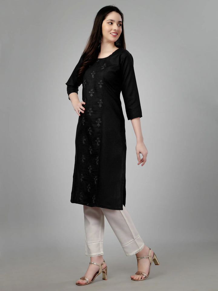 Black Cotton Magic Slub Straight Kurti | Designer Embroidery Work