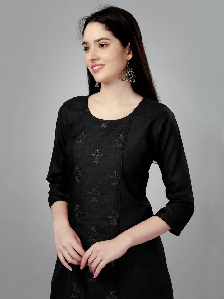 Black Cotton Magic Slub Straight Kurti | Designer Embroidery Work