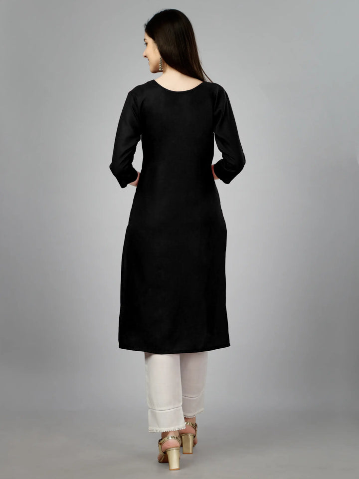 Black Cotton Magic Slub Straight Kurti | Designer Embroidery Work