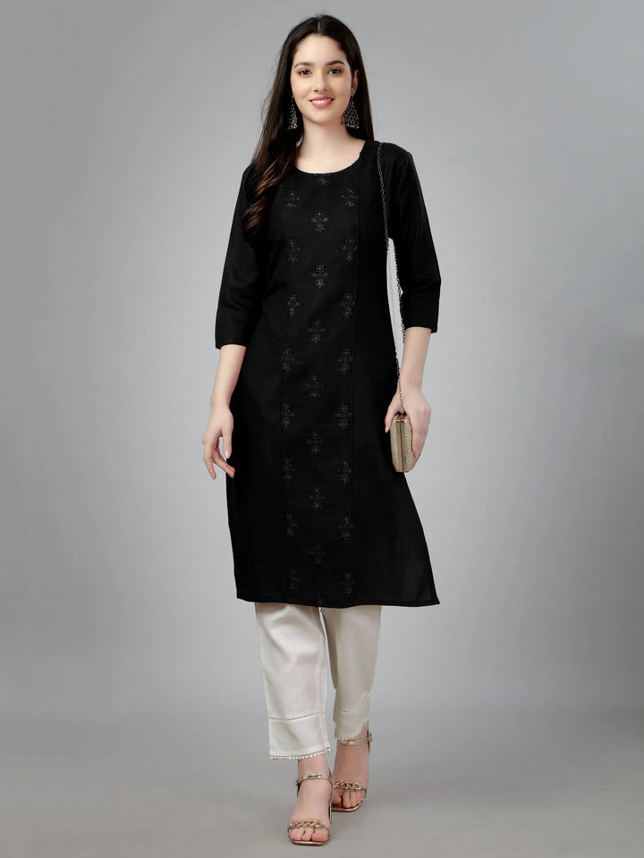Black Cotton Magic Slub Straight Kurti | Designer Embroidery Work