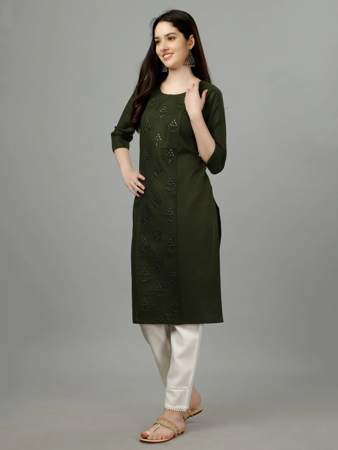 Olive Cotton Magic Slub Straight Kurti | Designer Embroidery Work