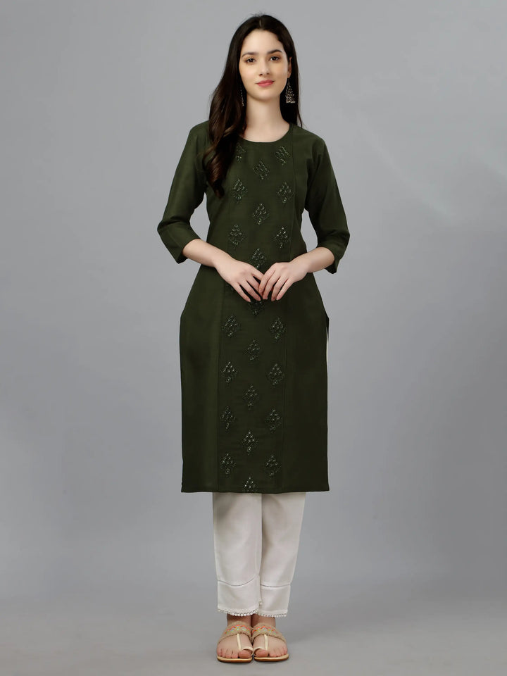 Olive Cotton Magic Slub Straight Kurti | Designer Embroidery Work