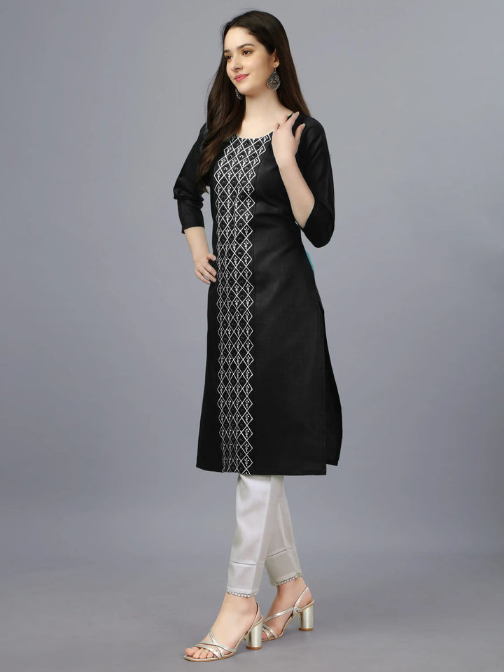 Black Cotton Magic Slub Straight Kurti | Designer Embroidery Work