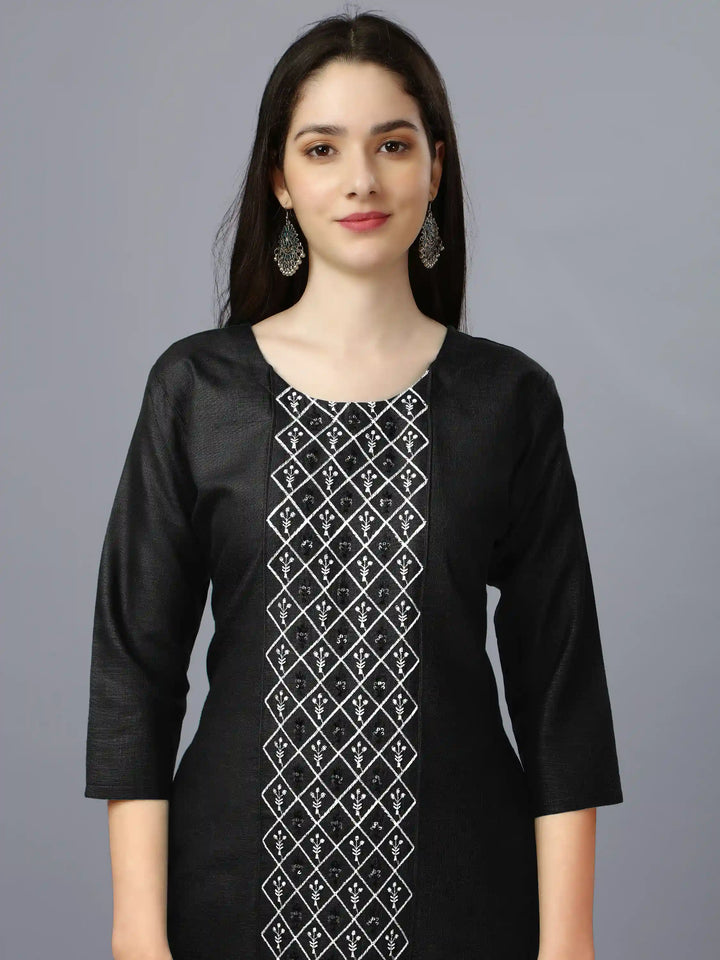 Black Cotton Magic Slub Straight Kurti | Designer Embroidery Work