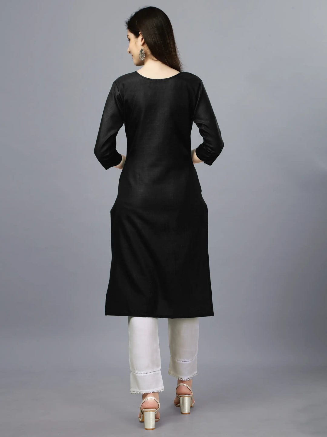 Black Cotton Magic Slub Straight Kurti | Designer Embroidery Work