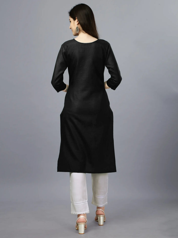 Black Cotton Magic Slub Straight Kurti | Designer Embroidery Work
