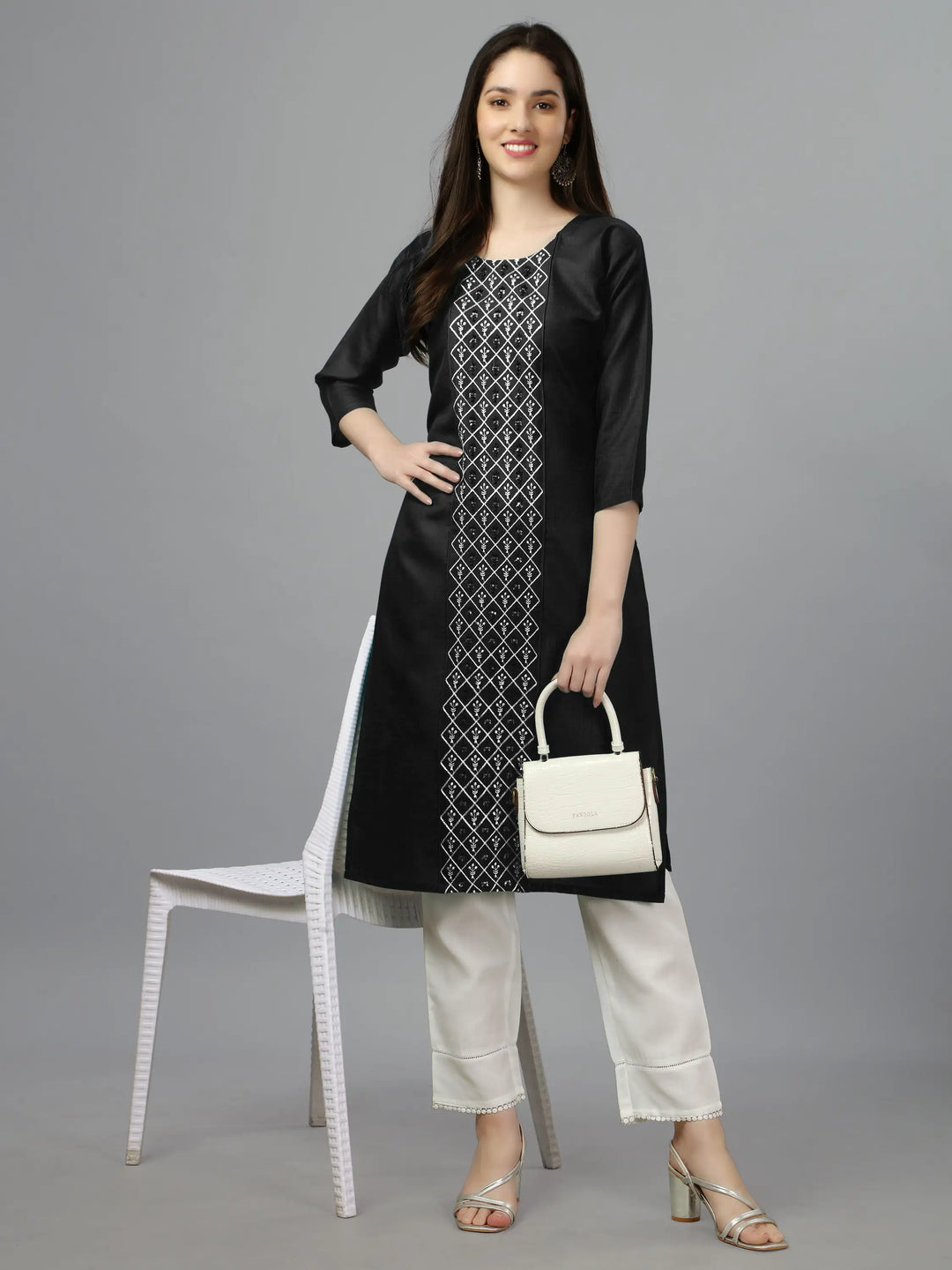Black Cotton Magic Slub Straight Kurti | Designer Embroidery Work