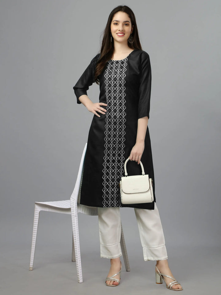 Black Cotton Magic Slub Straight Kurti | Designer Embroidery Work