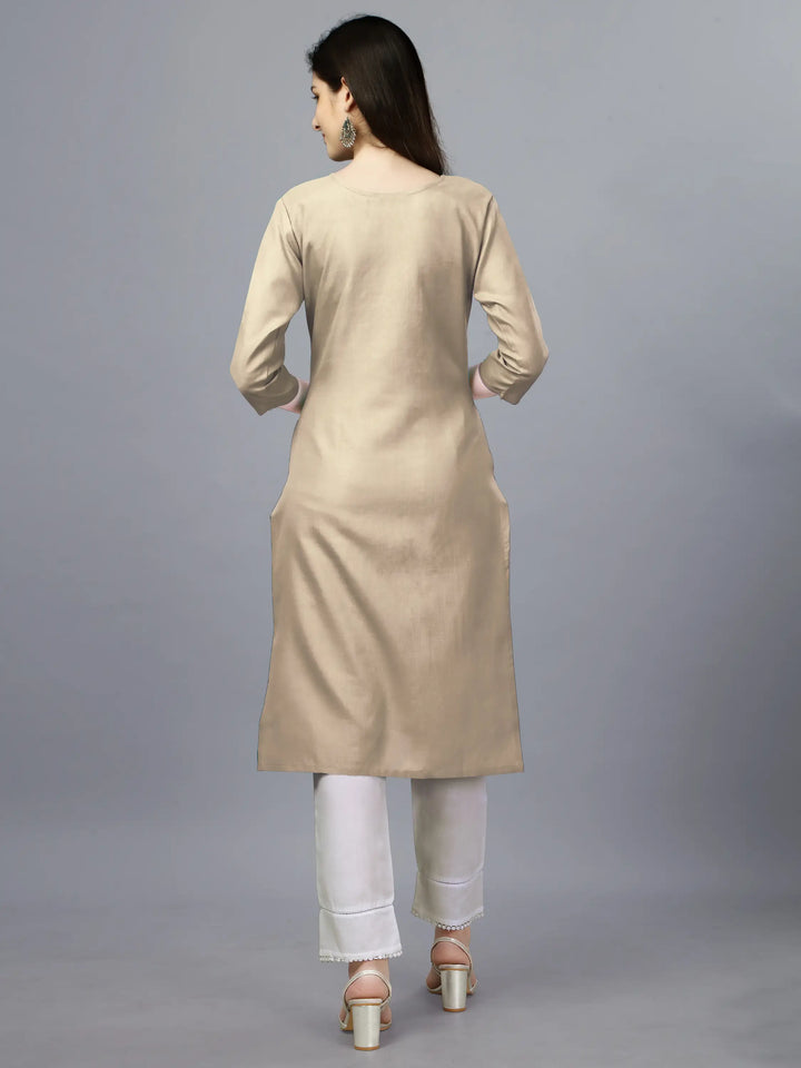 Beige Cotton Magic Slub Straight Kurti | Designer Embroidery Work