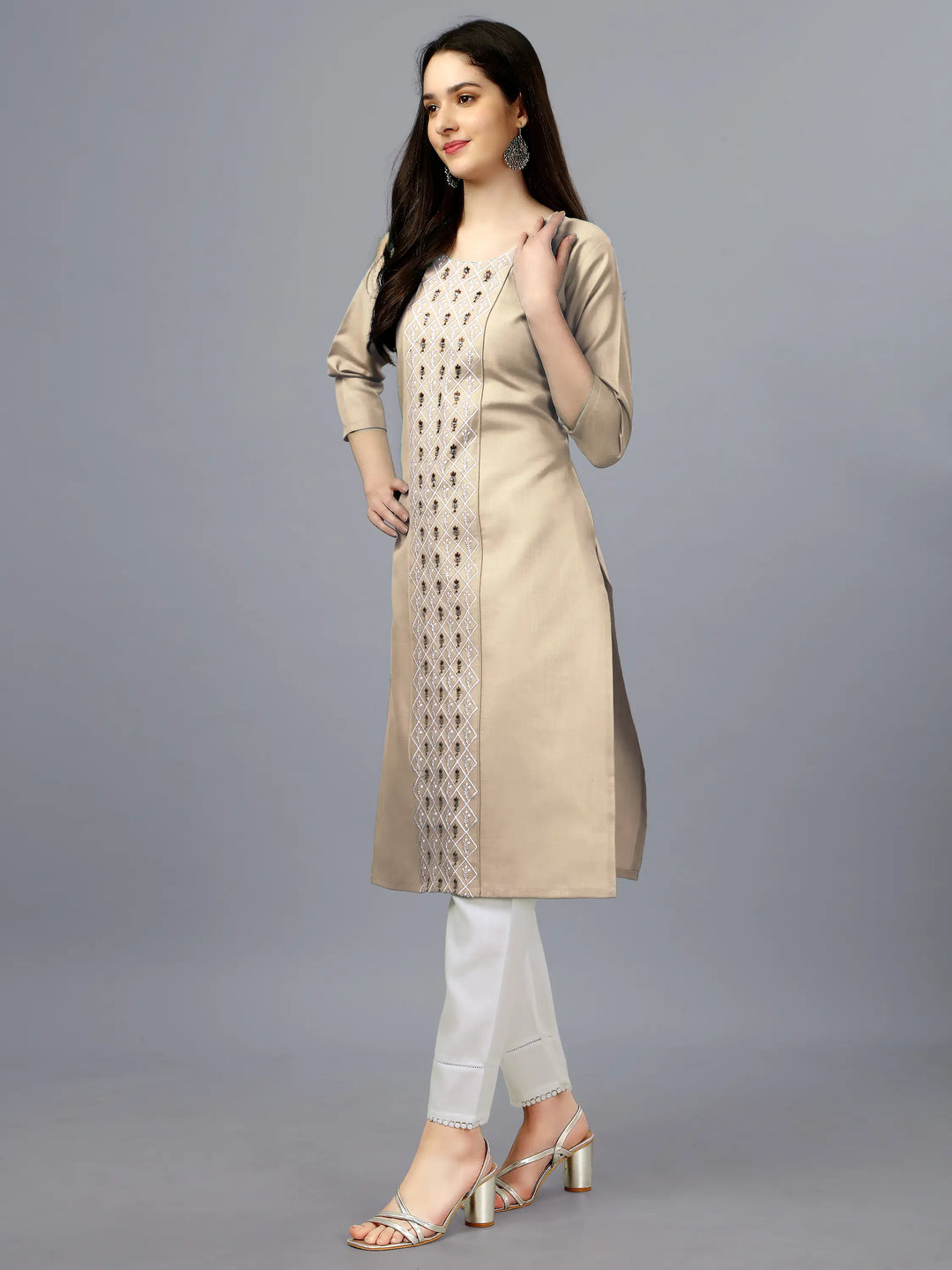 Beige Cotton Magic Slub Straight Kurti | Designer Embroidery Work