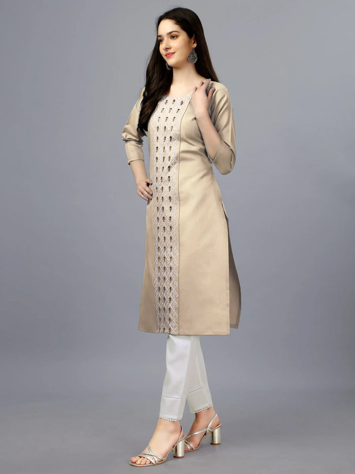 Beige Cotton Magic Slub Straight Kurti | Designer Embroidery Work