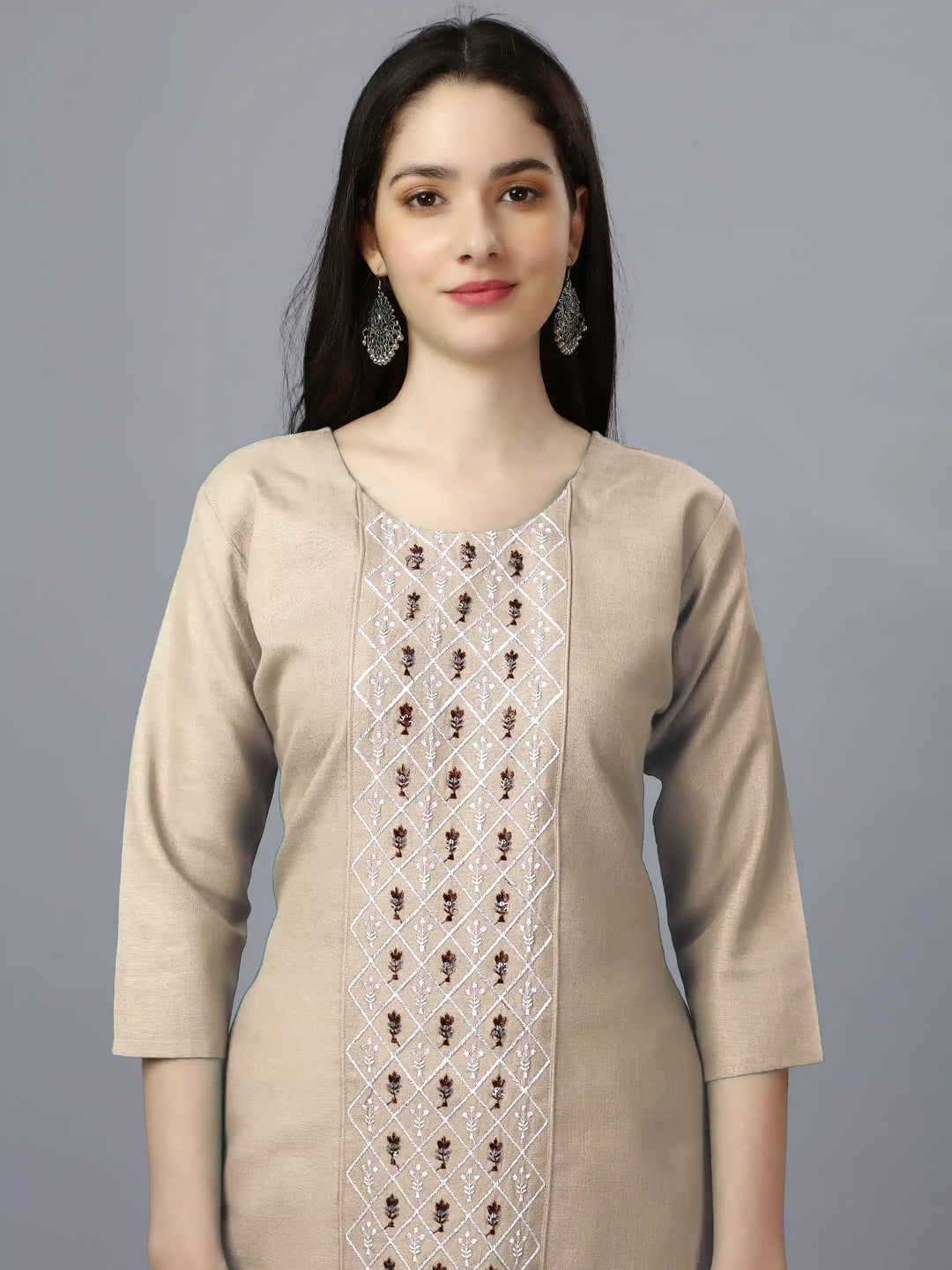 Beige Cotton Magic Slub Straight Kurti | Designer Embroidery Work