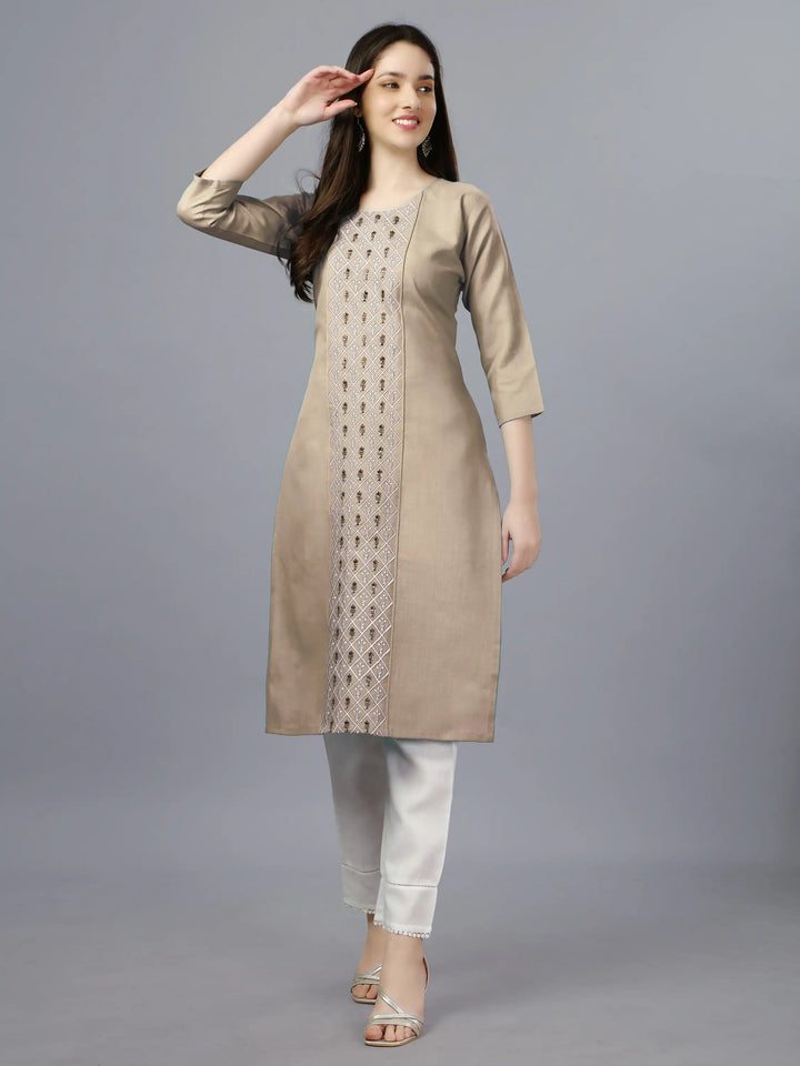 Beige Cotton Magic Slub Straight Kurti | Designer Embroidery Work