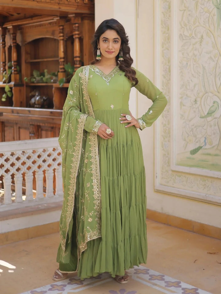 Georgette Sequined Anarkali Gown with Dupatta | Heavy Work Wedding Wear