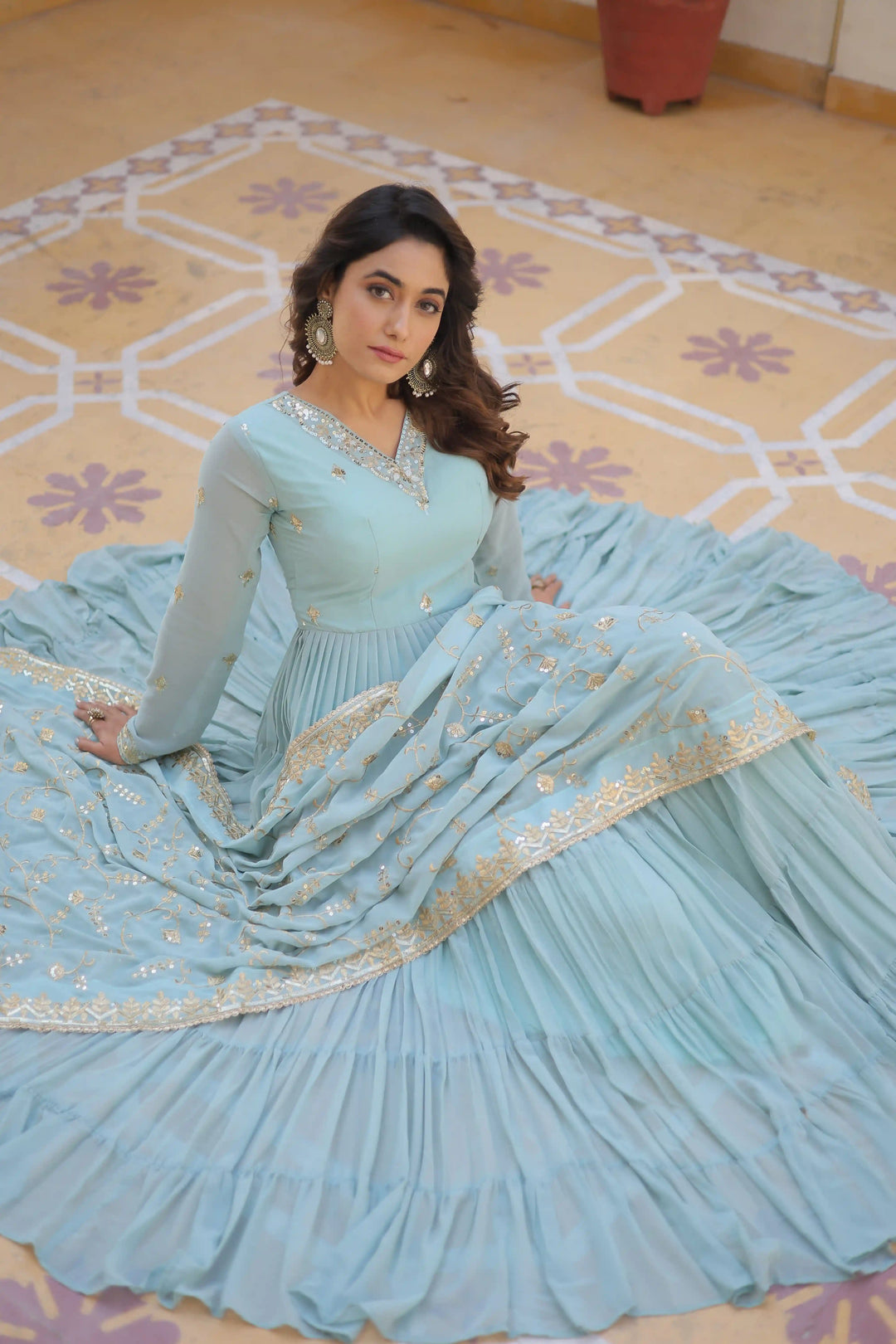 Georgette Sequined Anarkali Gown with Dupatta | Heavy Work Wedding Wear