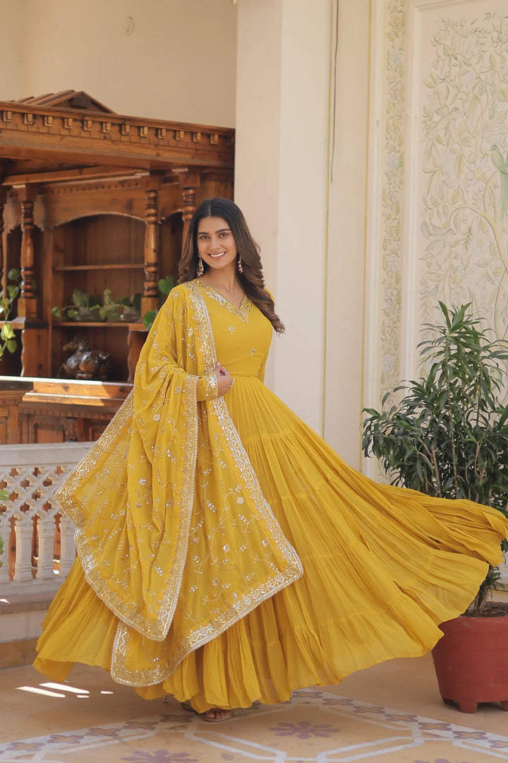 Georgette Sequined Anarkali Gown with Dupatta | Heavy Work Wedding Wear