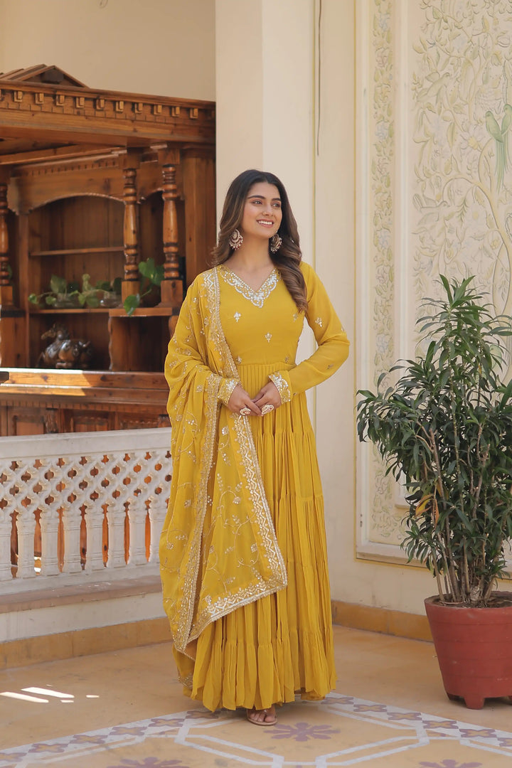 Georgette Sequined Anarkali Gown with Dupatta | Heavy Work Wedding Wear