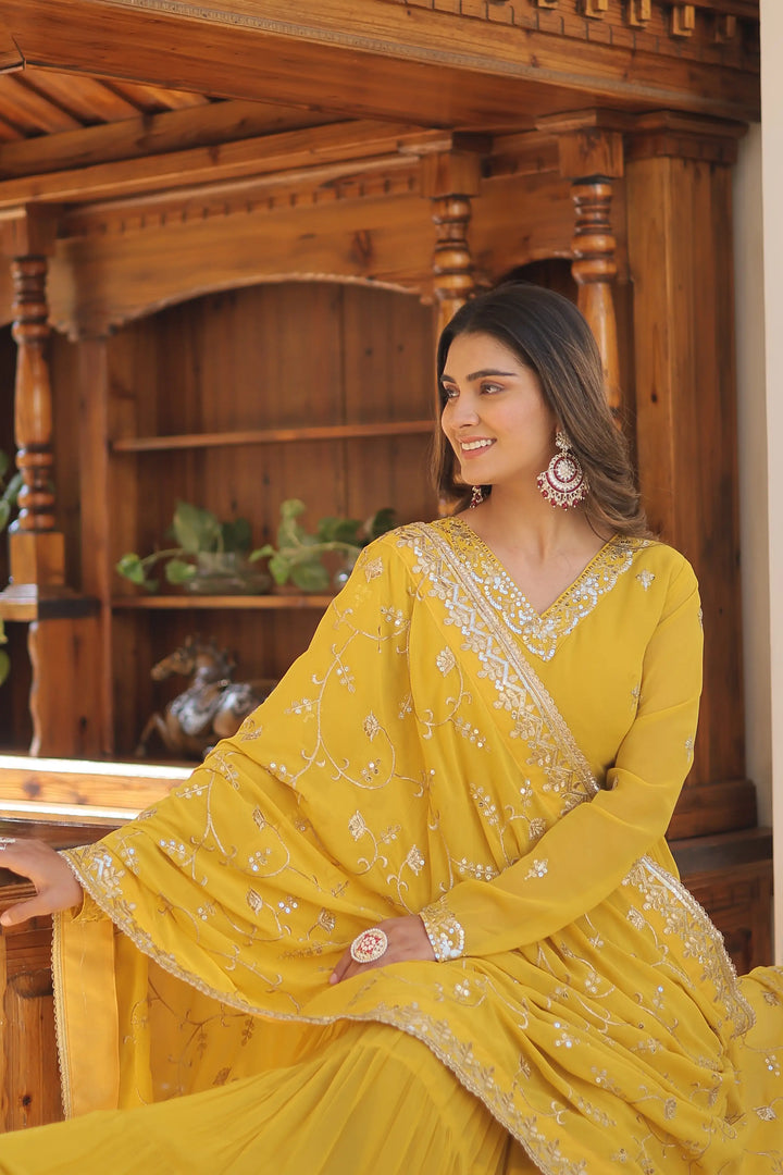 Georgette Sequined Anarkali Gown with Dupatta | Heavy Work Wedding Wear