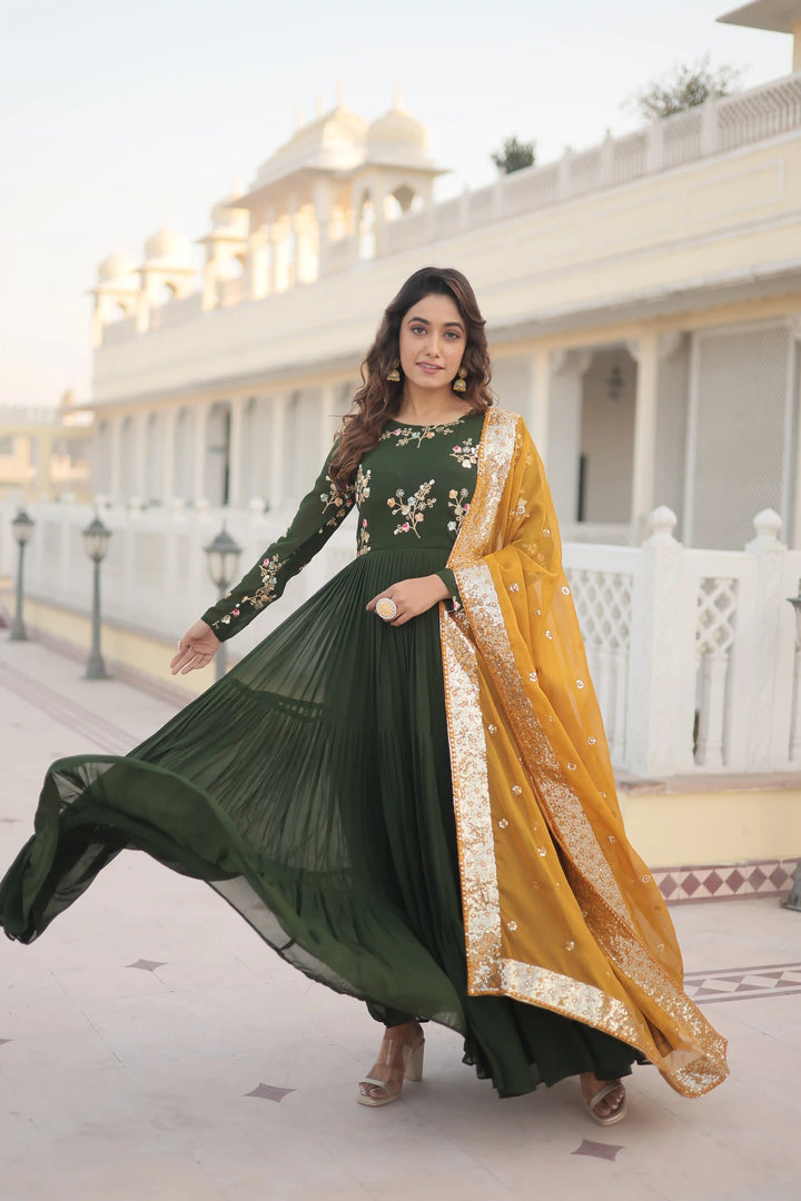 Stylish Faux Georgette Gown | Russian Silk Dupatta with Embroidery