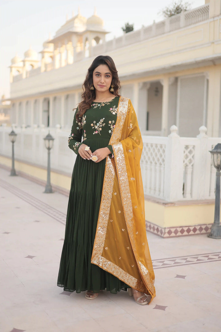 Stylish Faux Georgette Gown | Russian Silk Dupatta with Embroidery