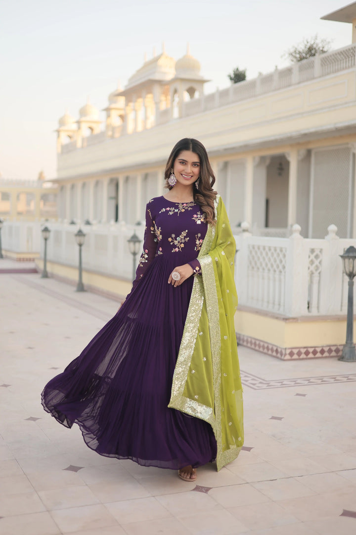 Stylish Faux Georgette Gown | Russian Silk Dupatta with Embroidery
