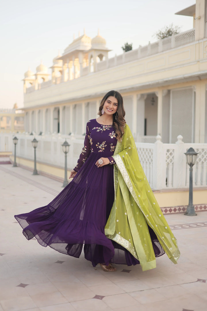 Stylish Faux Georgette Gown | Russian Silk Dupatta with Embroidery