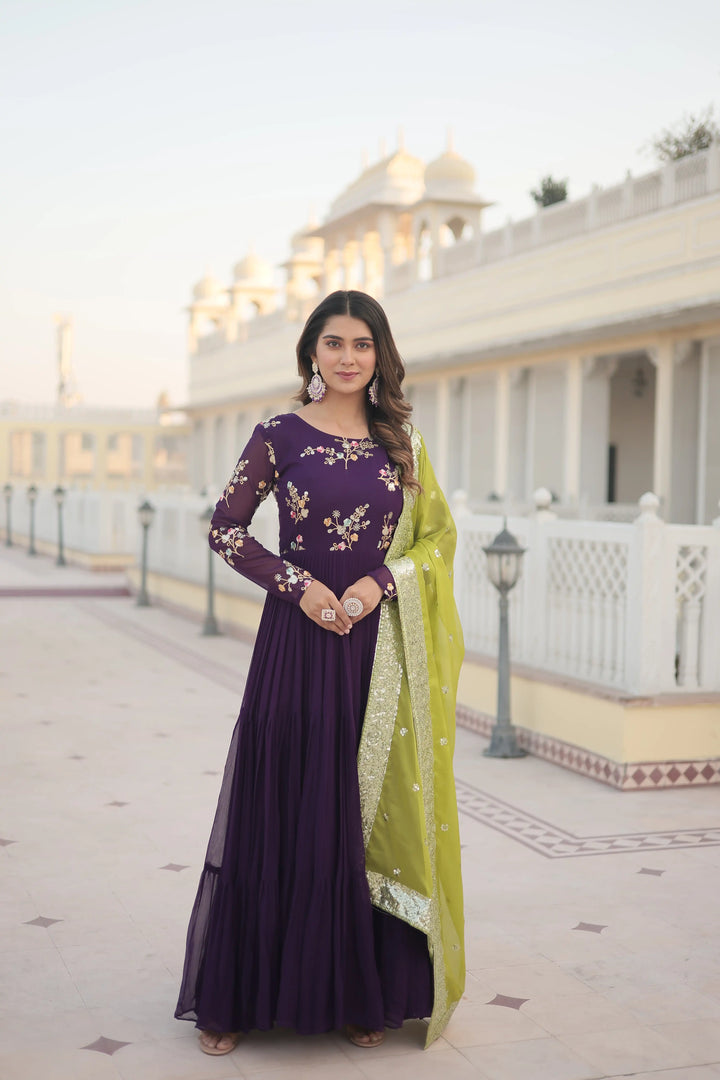 Stylish Faux Georgette Gown | Russian Silk Dupatta with Embroidery