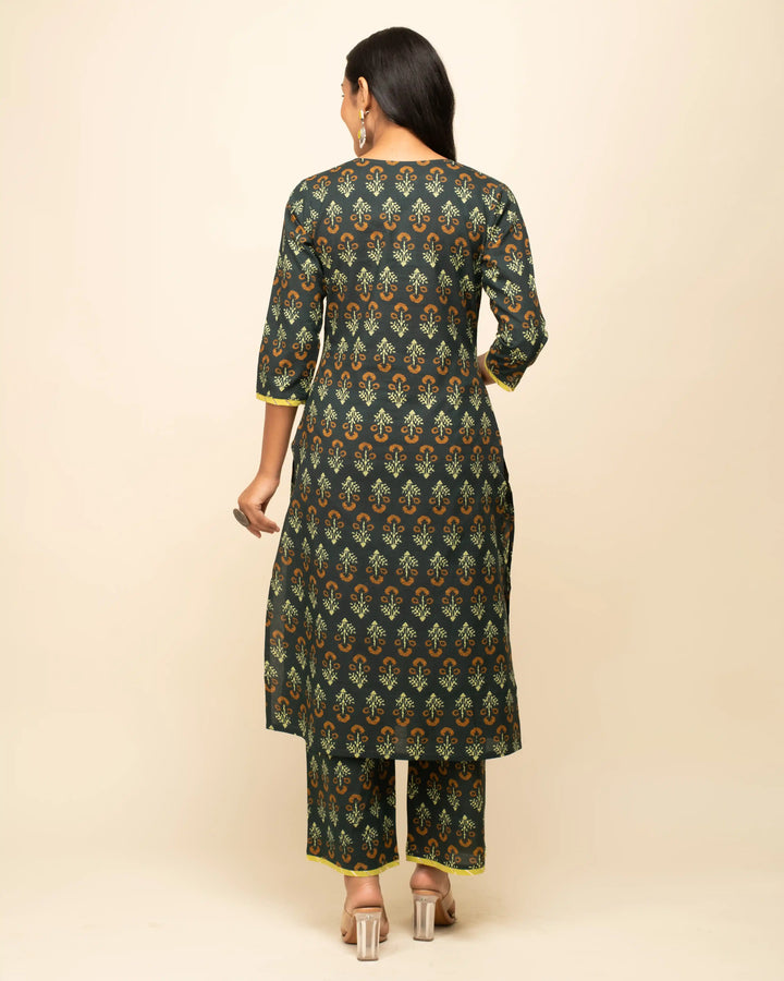 Black Cotton Kurti Set with Organza Dupatta | Printed & Hand Work