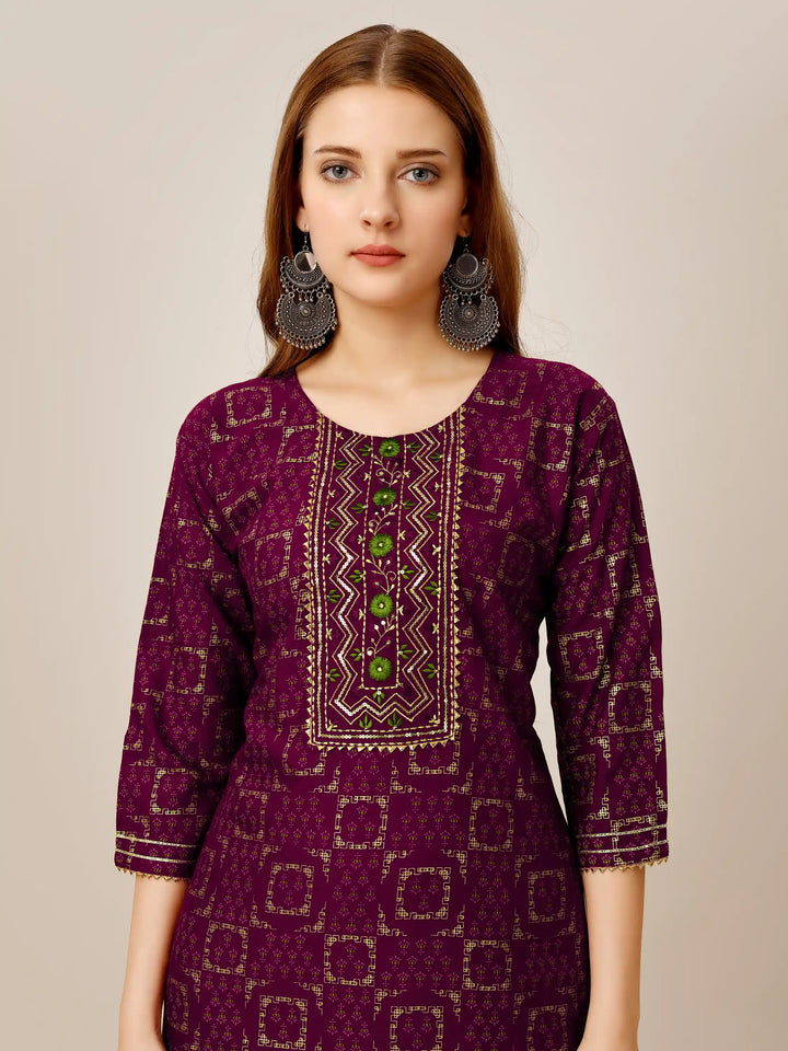 Purple Rayon Kurti Set | Designer Printed & Embroidered Top with Bottom
