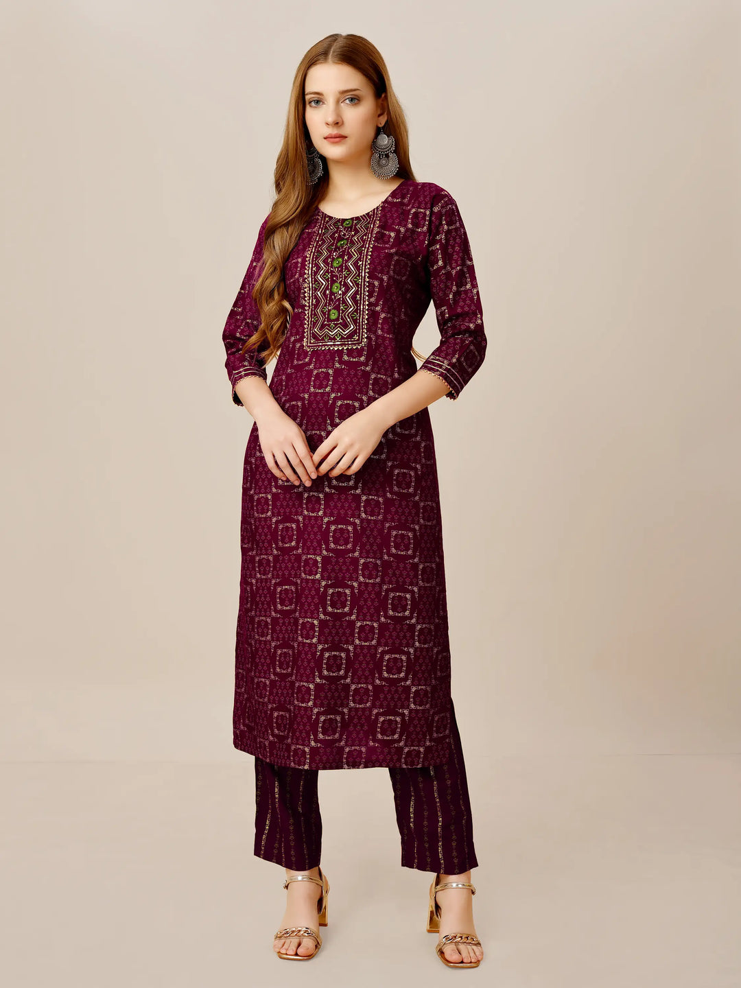 Purple Rayon Kurti Set | Designer Printed & Embroidered Top with Bottom