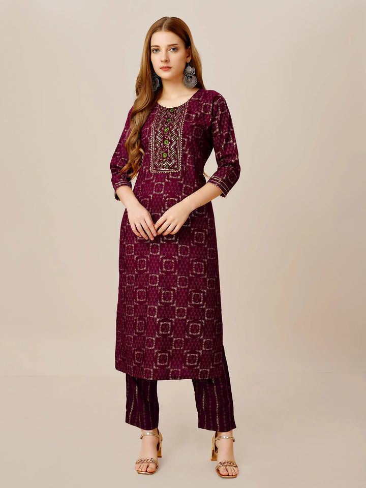 Purple Rayon Kurti Set | Designer Printed & Embroidered Top with Bottom
