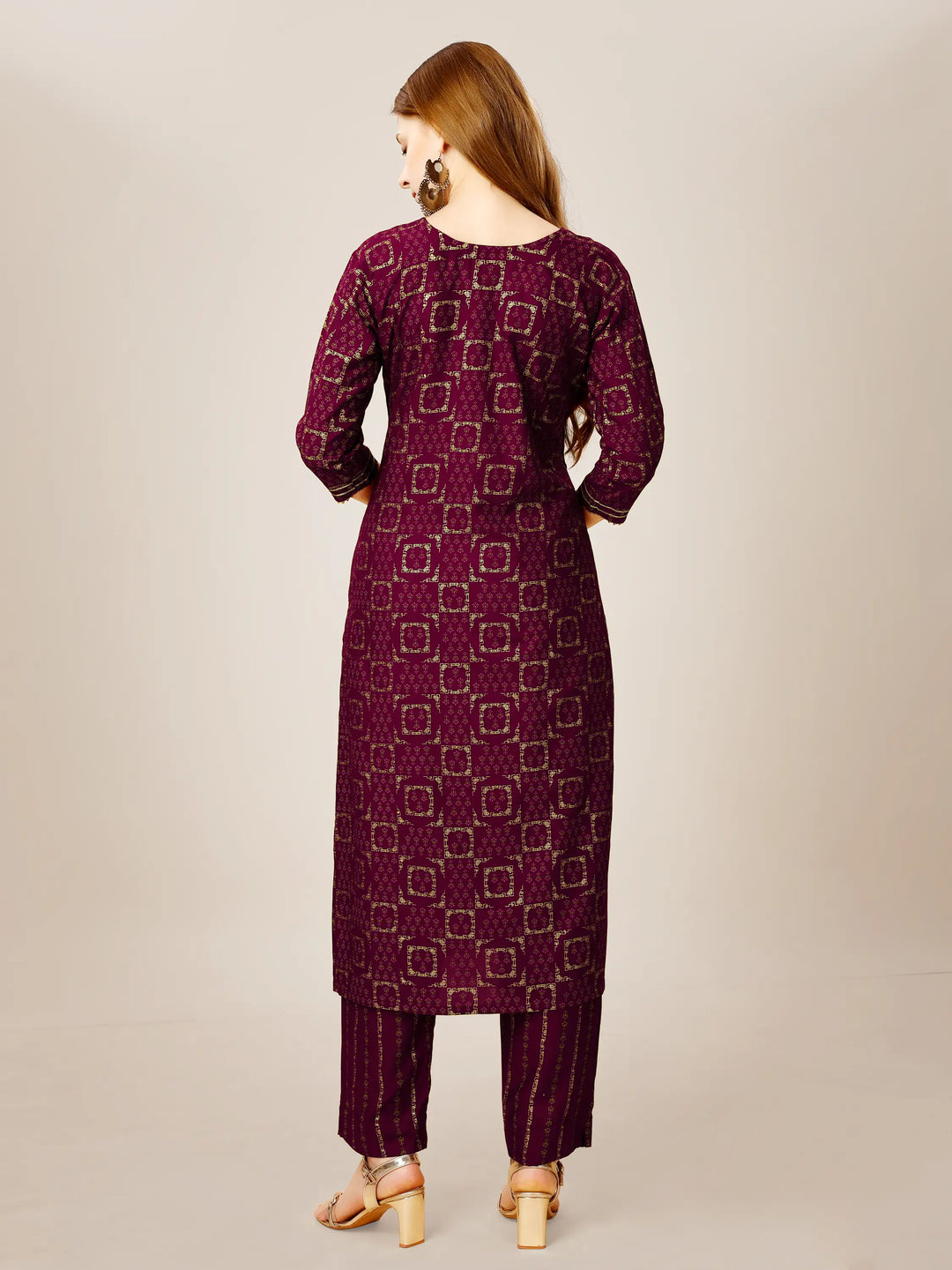 Purple Rayon Kurti Set | Designer Printed & Embroidered Top with Bottom