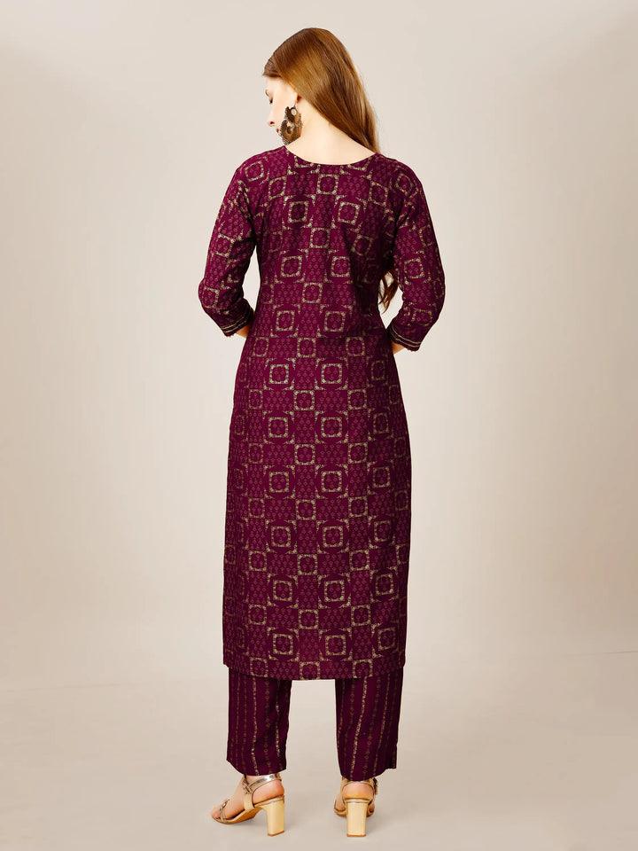 Purple Rayon Kurti Set | Designer Printed & Embroidered Top with Bottom