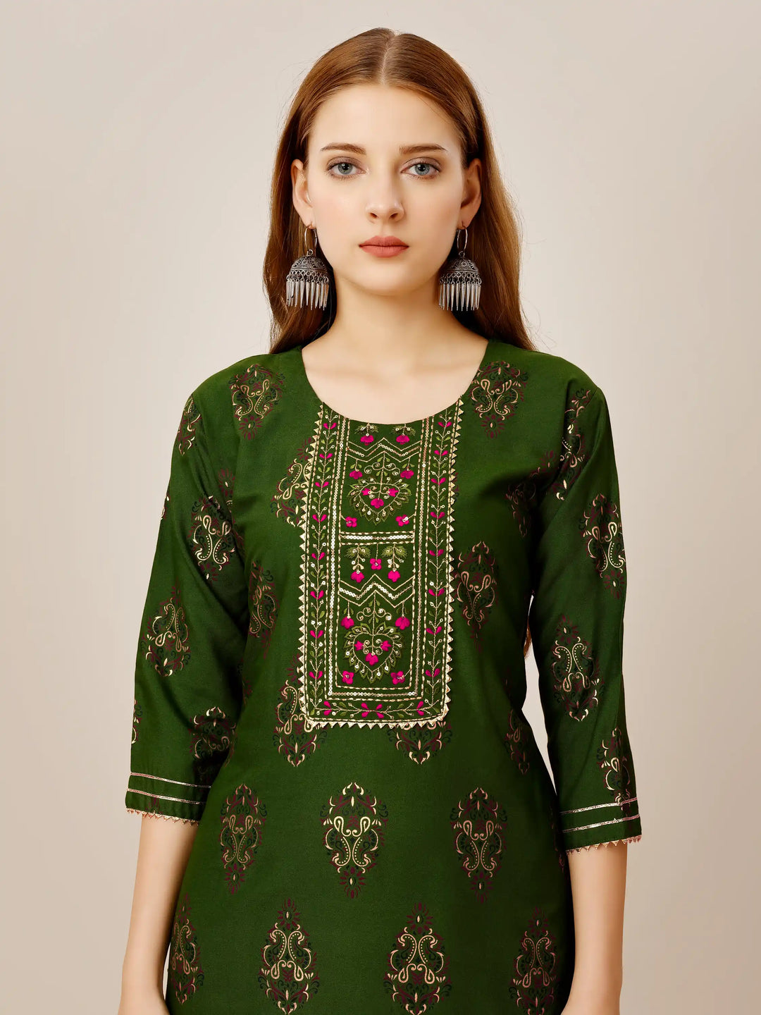 Green Rayon Kurti Set | Designer Printed & Embroidered Top with Bottom