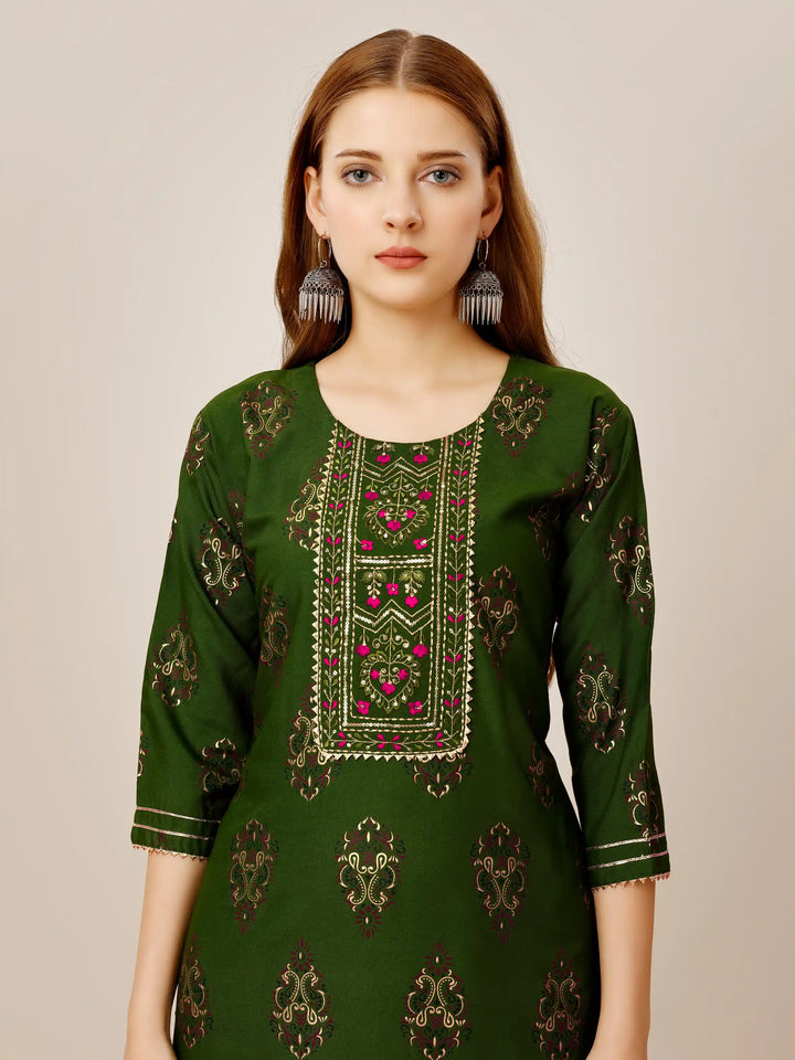 Green Rayon Kurti Set | Designer Printed & Embroidered Top with Bottom
