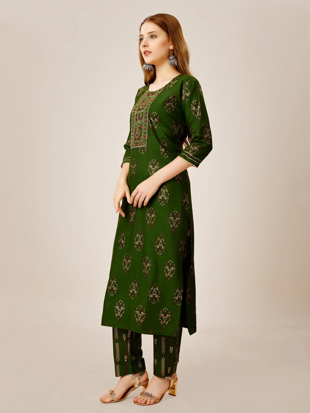 Green Rayon Kurti Set | Designer Printed & Embroidered Top with Bottom