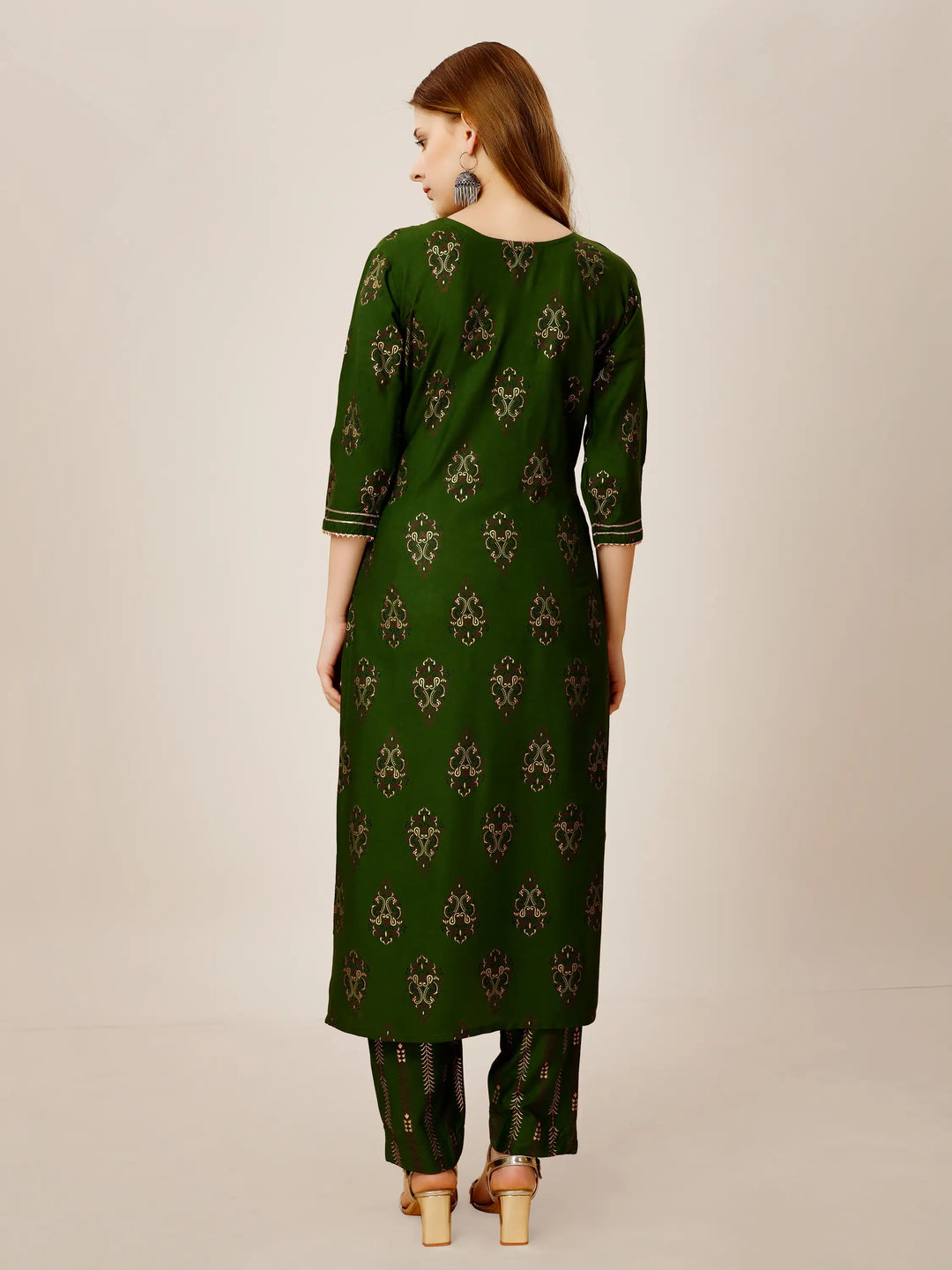 Green Rayon Kurti Set | Designer Printed & Embroidered Top with Bottom