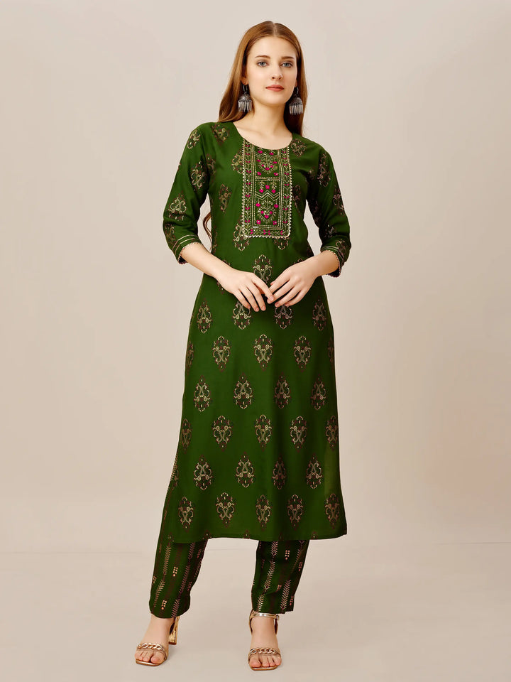 Green Rayon Kurti Set | Designer Printed & Embroidered Top with Bottom