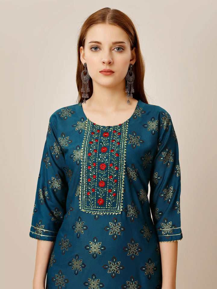 Navy Blue Rayon Kurti Set | Designer Printed & Embroidered Kurti with Bottom