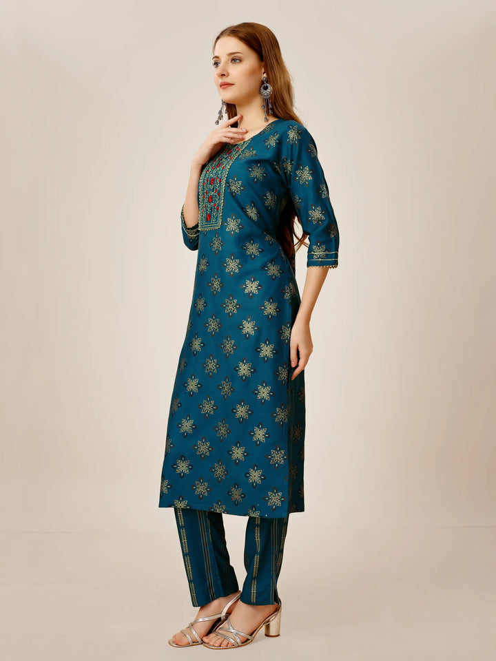 Navy Blue Rayon Kurti Set | Designer Printed & Embroidered Kurti with Bottom