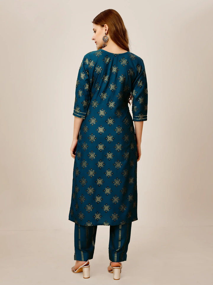 Navy Blue Rayon Kurti Set | Designer Printed & Embroidered Kurti with Bottom