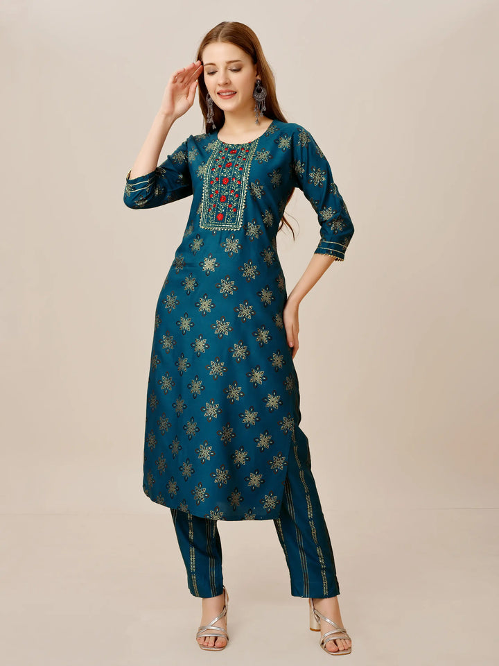 Navy Blue Rayon Kurti Set | Designer Printed & Embroidered Kurti with Bottom