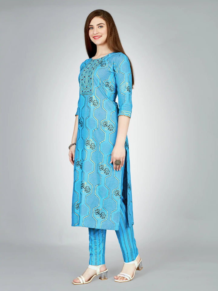 Stylish Sky Blue Outfit | Elegant Rayon Kurti Set with Embroidery Work