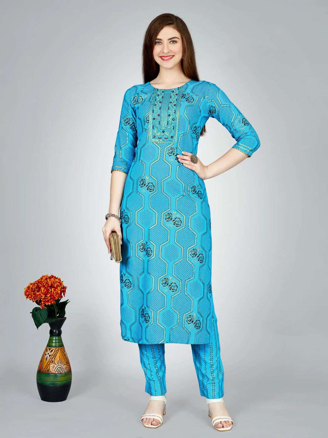 Stylish Sky Blue Outfit | Elegant Rayon Kurti Set with Embroidery Work