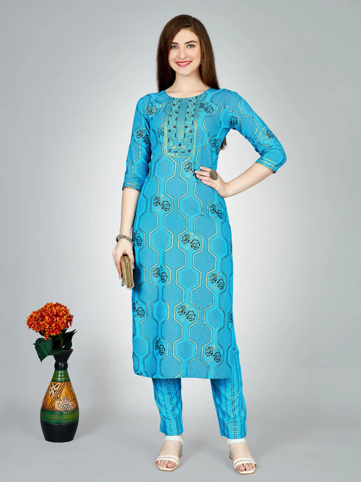 Stylish Sky Blue Outfit | Elegant Rayon Kurti Set with Embroidery Work