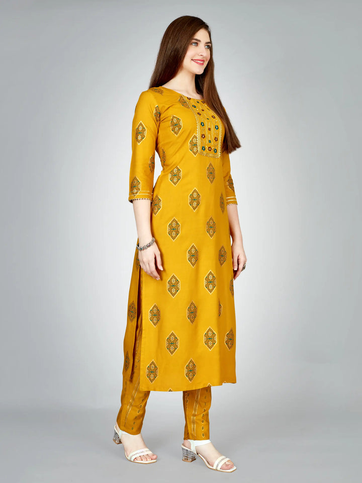Stylish Yellow Outfit | Elegant Rayon Kurti Set with Embroidery Work